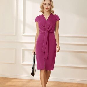 GRACE KARIN Midi Cap Sleeve Tie Waist Work Dress Slit V-Neck Business Casual S